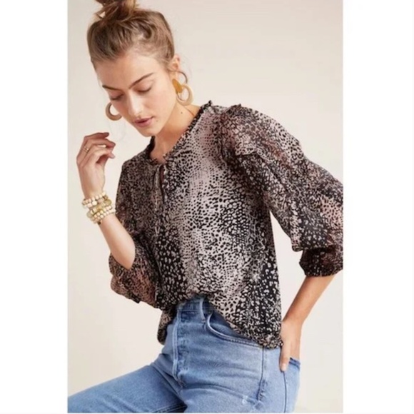 Anthropologie Maeve Jacquin Animal Print Peasant Blouse Sz Medium - Picture 4 of 16